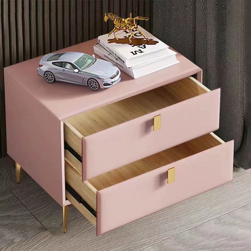 Contemporary Scandinavian Rectangular Solid Wood Microfiber Leather Metal Hardware Nightstand 2-Drawer For Bedroom