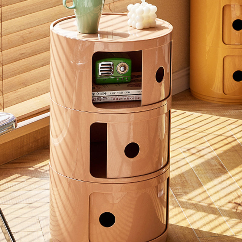 Contemporary Scandinavian Round Plastic Nightstand 3-Storage For Bedroom