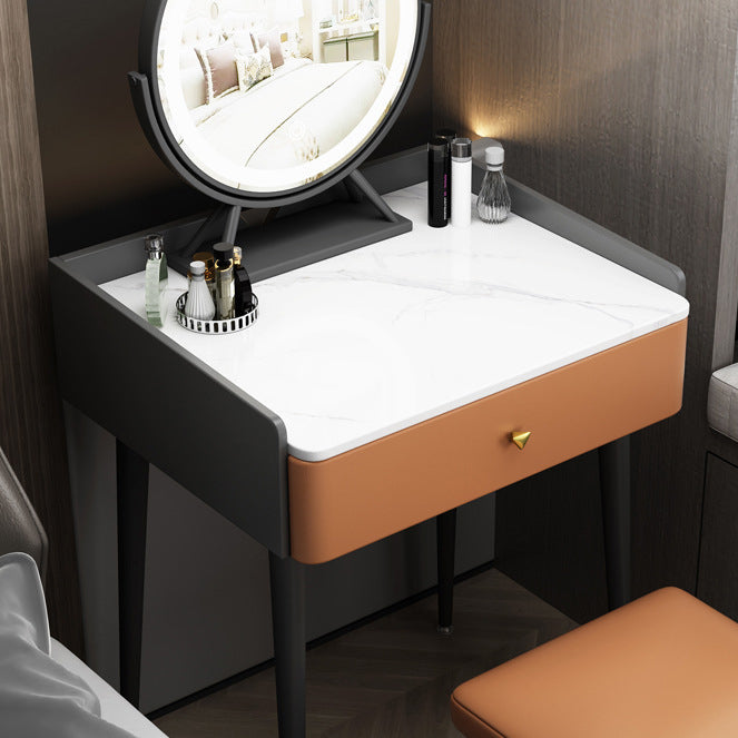 Contemporary Scandinavian Rectangular Rock Panel Microfiber Leather Carbon Steel Makeup Vanity 1-Drawer For Bedroom
