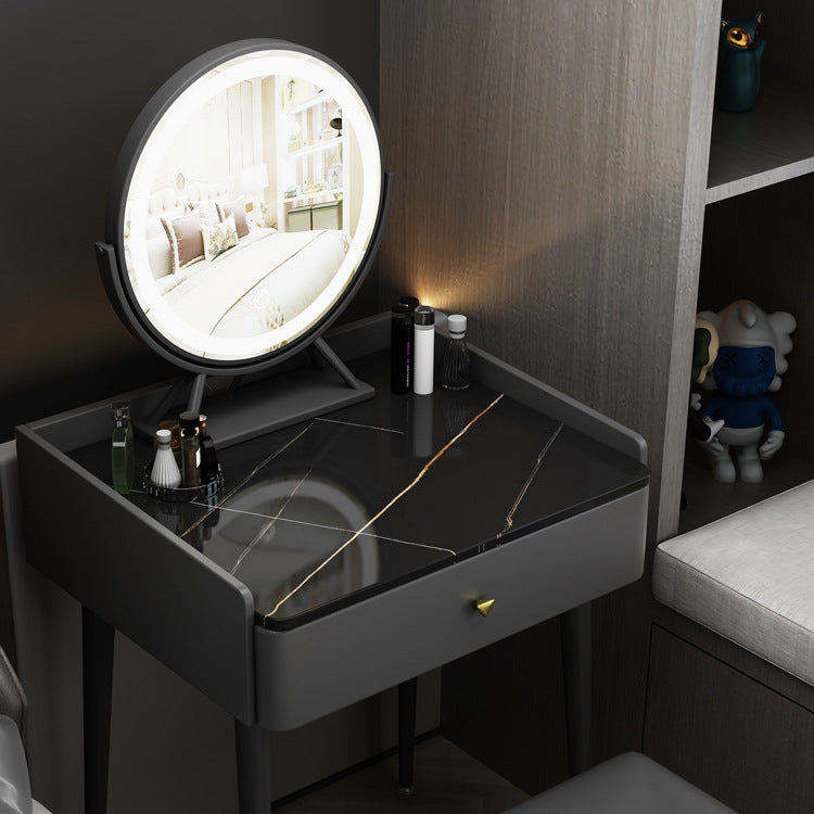 Contemporary Scandinavian Rectangular Rock Panel Microfiber Leather Carbon Steel Makeup Vanity 1-Drawer For Bedroom