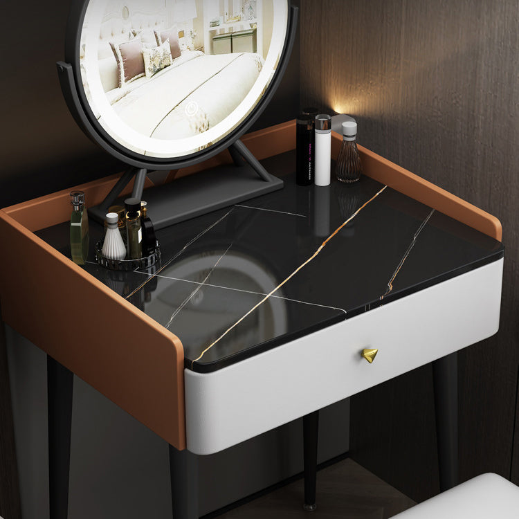 Contemporary Scandinavian Rectangular Rock Panel Microfiber Leather Carbon Steel Makeup Vanity 1-Drawer For Bedroom
