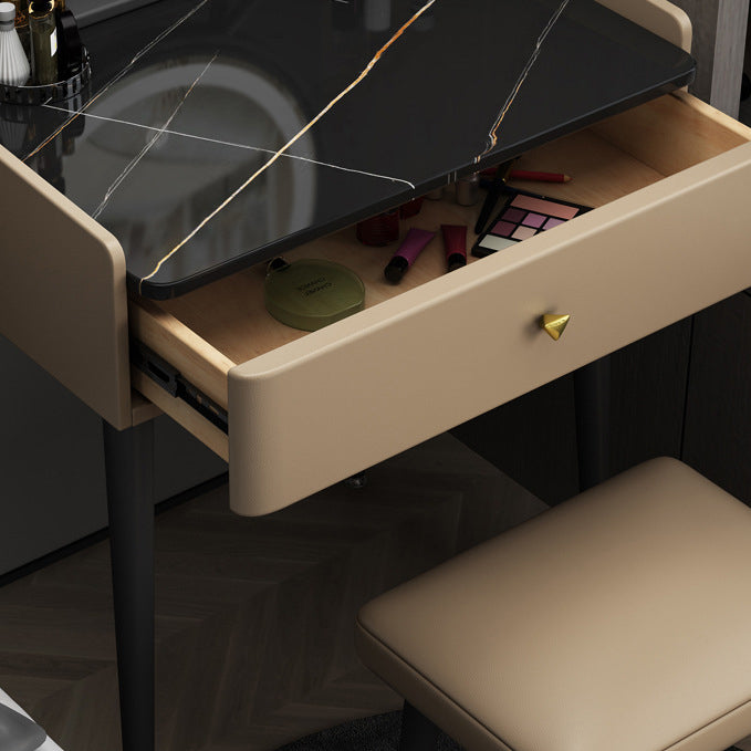 Contemporary Scandinavian Rectangular Rock Panel Microfiber Leather Carbon Steel Makeup Vanity 1-Drawer For Bedroom