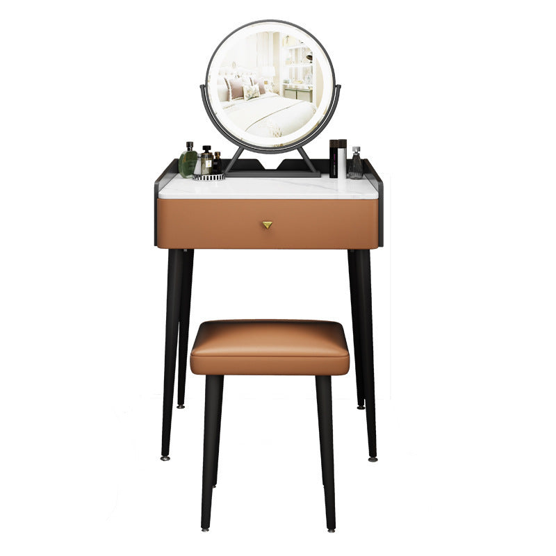 Contemporary Scandinavian Rectangular Rock Panel Microfiber Leather Carbon Steel Makeup Vanity 1-Drawer For Bedroom