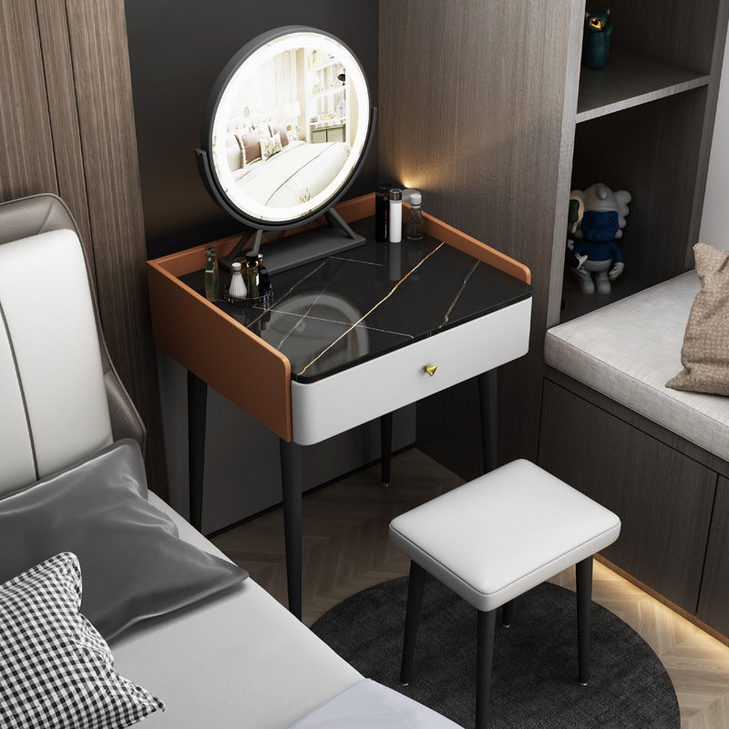 Contemporary Scandinavian Rectangular Rock Panel Microfiber Leather Carbon Steel Makeup Vanity 1-Drawer For Bedroom