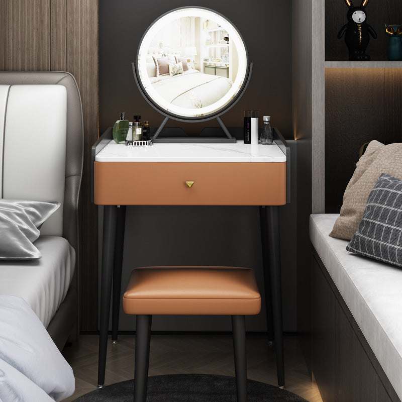 Contemporary Scandinavian Rectangular Rock Panel Microfiber Leather Carbon Steel Makeup Vanity 1-Drawer For Bedroom