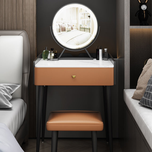 Contemporary Scandinavian Rectangular Rock Panel Microfiber Leather Carbon Steel Makeup Vanity 1-Drawer For Bedroom