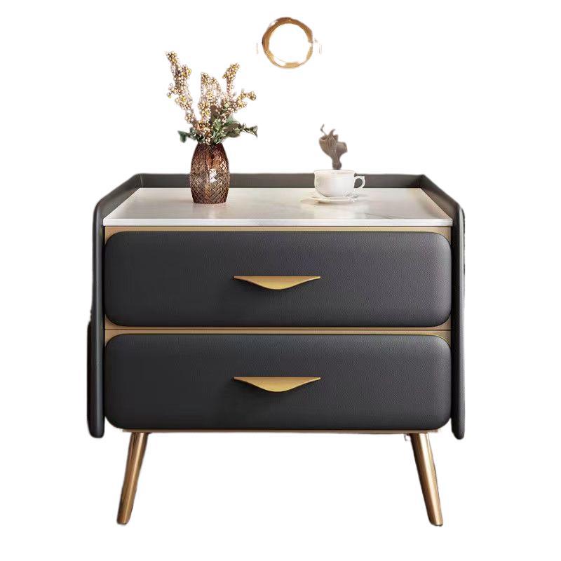 Contemporary Coastal Rectangular Rock Slab Solid Wood Metal Nightstand 2-Drawer For Bedroom