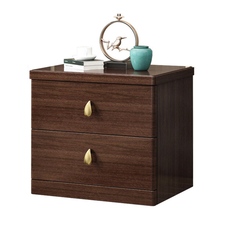 Traditional Chinese Rectangular Solid Wood Brass Nightstand 2-Drawer For Bedroom