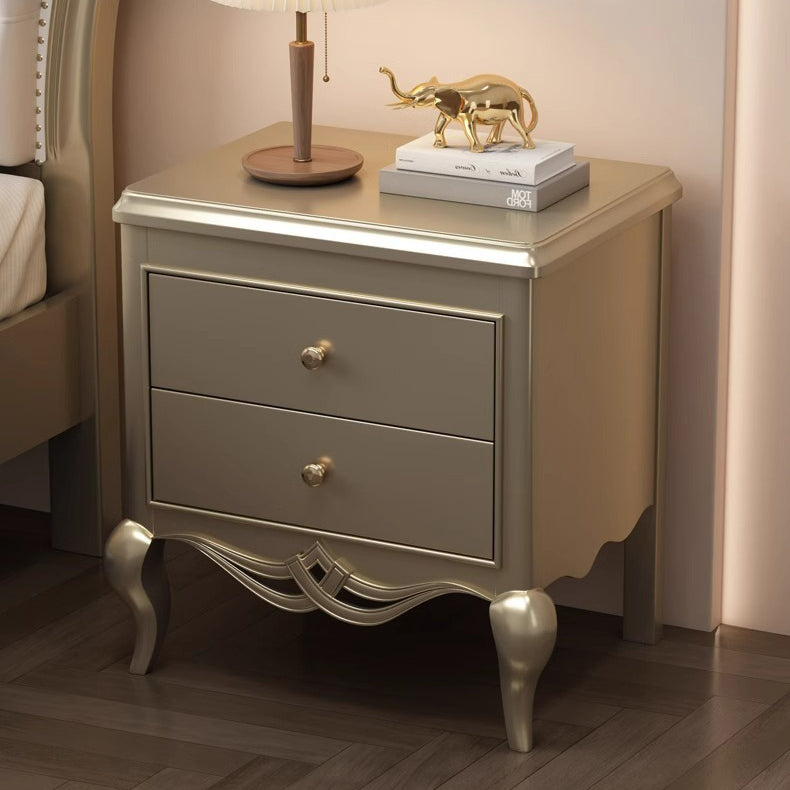Traditional French Panels Champagne Gold Nightstand With Cabriole Legs 2-Drawer For Bedroom