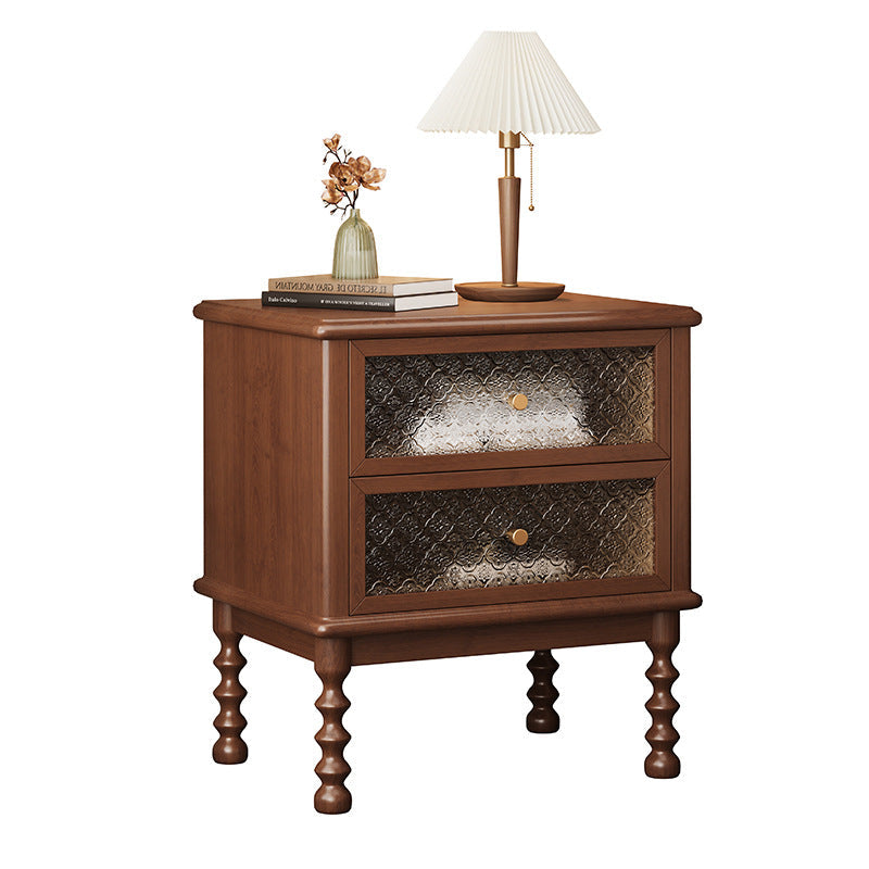 Traditional Vintage Carved Glass Design Solid Wood Nightstand 2-Drawer For Bedroom