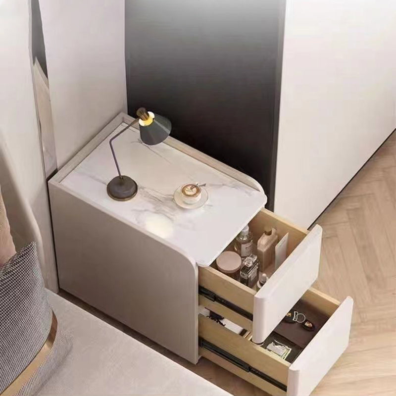 Modern Minimalist Rectangular Tabletop Rock Plate Solid Wood Microfiber Leather 2-Drawer For Bedroom