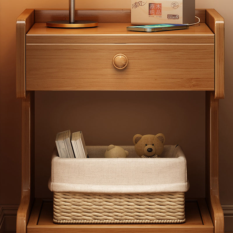 Modern Minimalist Removable Rectangular Desktop Solid Wood Nightstand 1-Drawer For Bedroom