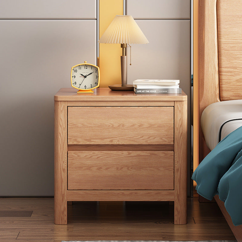 Contemporary Scandinavian Rectangular Tabletop Oak Wood Nightstand 2-Drawer For Bedroom