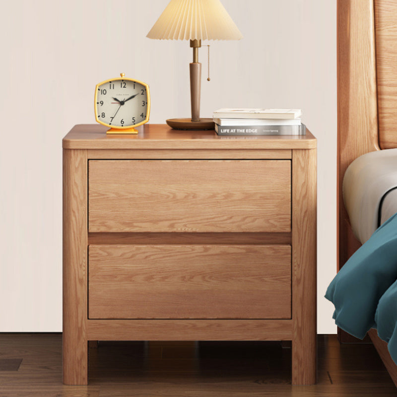 Contemporary Scandinavian Rectangular Tabletop Oak Wood Nightstand 2-Drawer For Bedroom