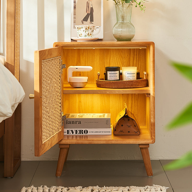 Traditional Rustic Square Ash Wood Rope Weaving Nightstand 2-Cabinet For Bedroom