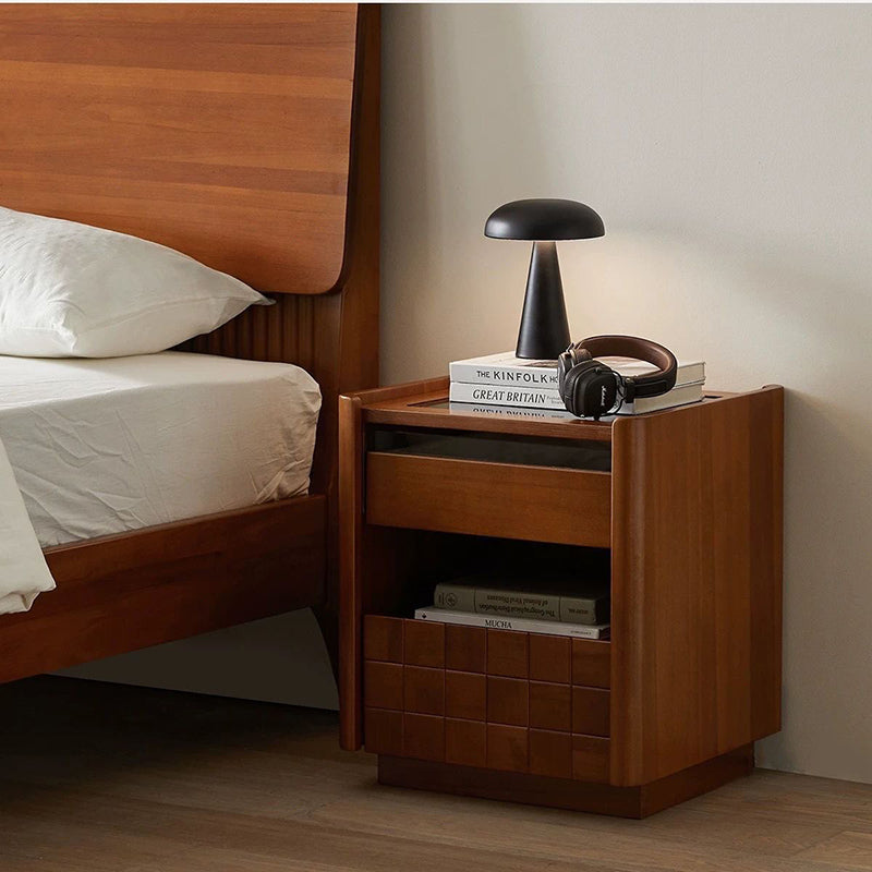 Traditional Vintage Square Pine Wood Cherry Wood Glass Metal Nightstand 2-Drawer For Bedroom