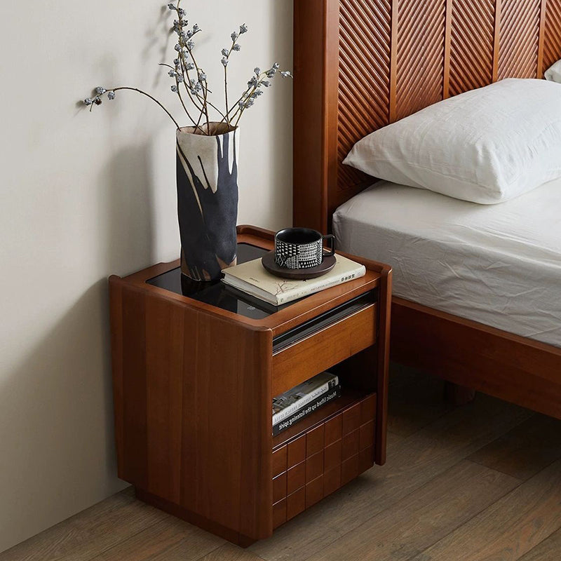 Traditional Vintage Square Pine Wood Cherry Wood Glass Metal Nightstand 2-Drawer For Bedroom