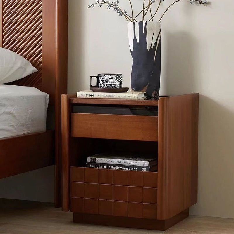 Traditional Vintage Square Pine Wood Cherry Wood Glass Metal Nightstand 2-Drawer For Bedroom