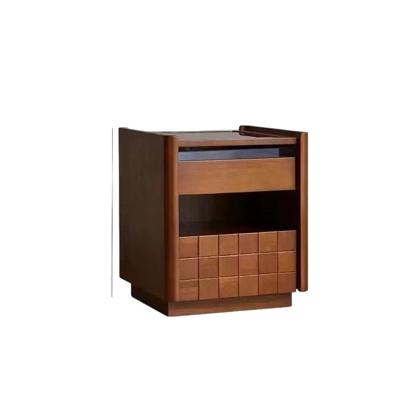 Traditional Vintage Square Pine Wood Cherry Wood Glass Metal Nightstand 2-Drawer For Bedroom