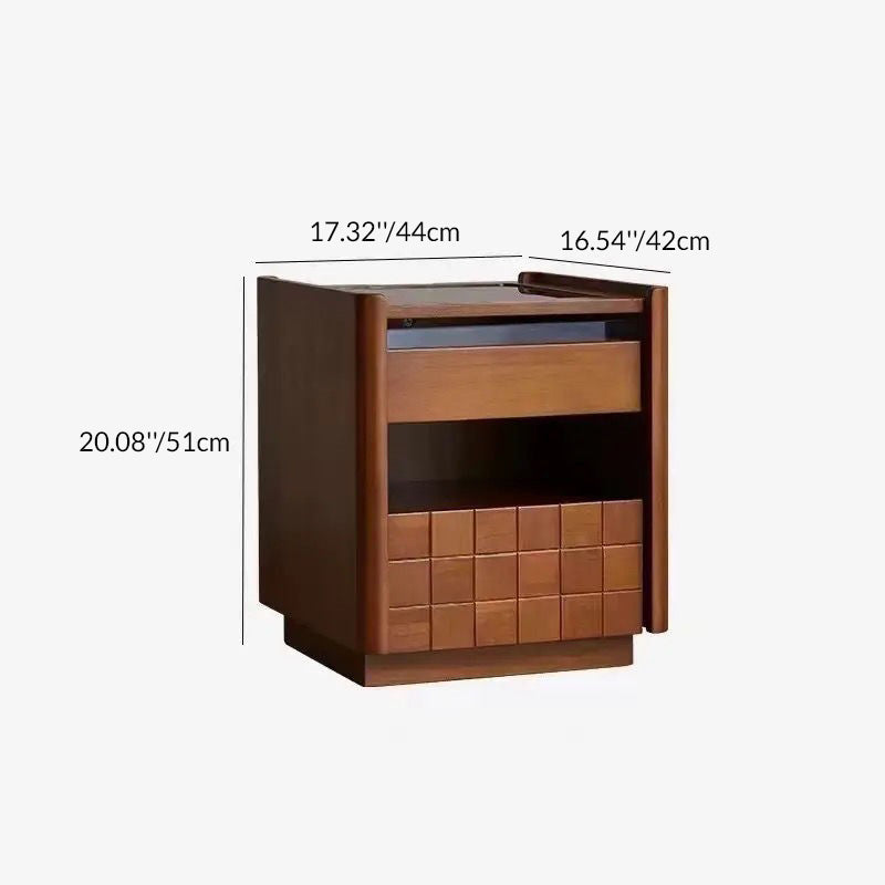 Traditional Vintage Square Pine Wood Cherry Wood Glass Metal Nightstand 2-Drawer For Bedroom