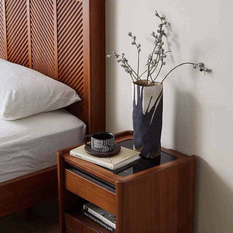 Traditional Vintage Square Pine Wood Cherry Wood Glass Metal Nightstand 2-Drawer For Bedroom