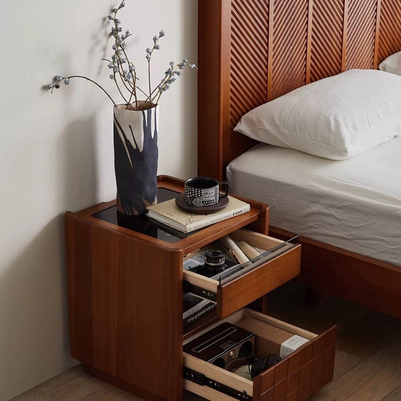 Traditional Vintage Square Pine Wood Cherry Wood Glass Metal Nightstand 2-Drawer For Bedroom