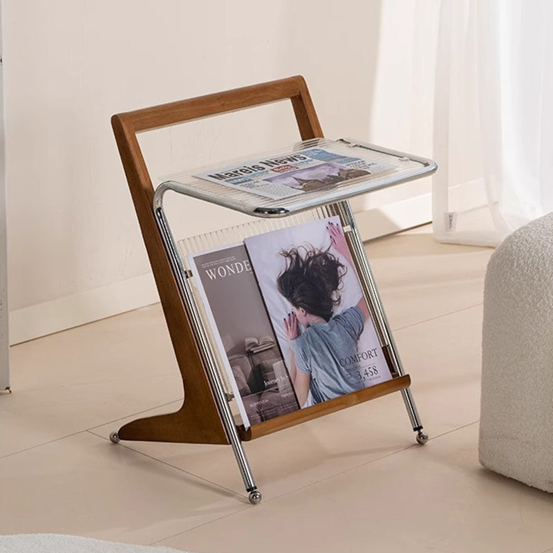 Modern Minimalist Z-Shape Rubberwood Iron Glass End Table 2-Tier For Bedroom