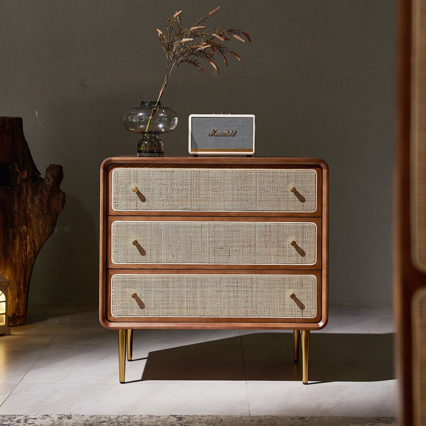 Contemporary Scandinavian Large Capacity Rectangular Ash Wood Solid Wood Multi-Layer Board Rattan Weaving Storage Cabinet 3-Drawer For Bedroom
