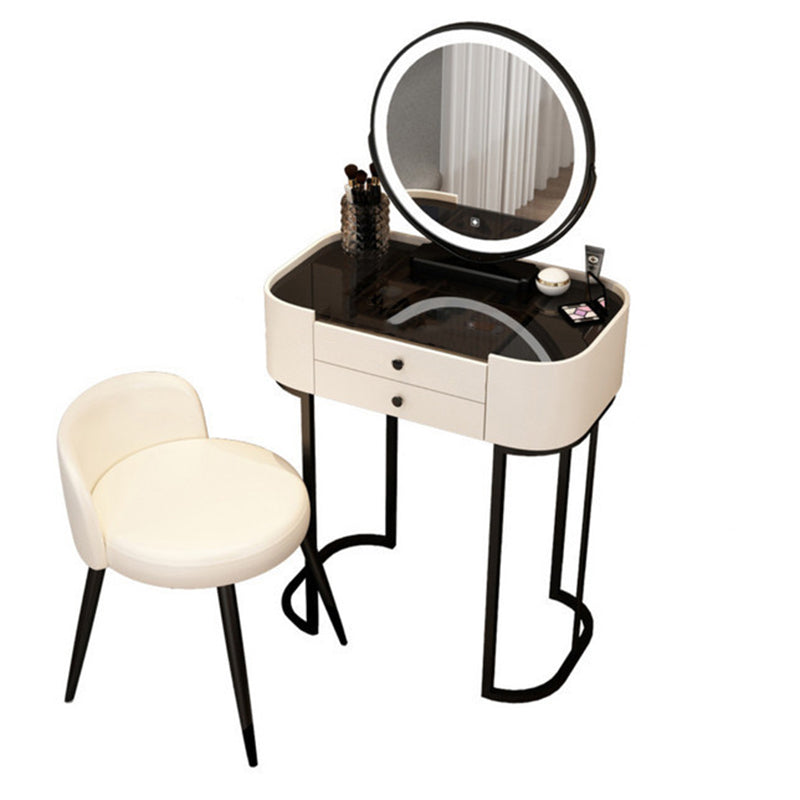 Modern Minimalist Iron Wood Glass PU Leather Rectangular Makeup Vanity & Stool Set With LED Mirror & 2 Drawers For Bedroom