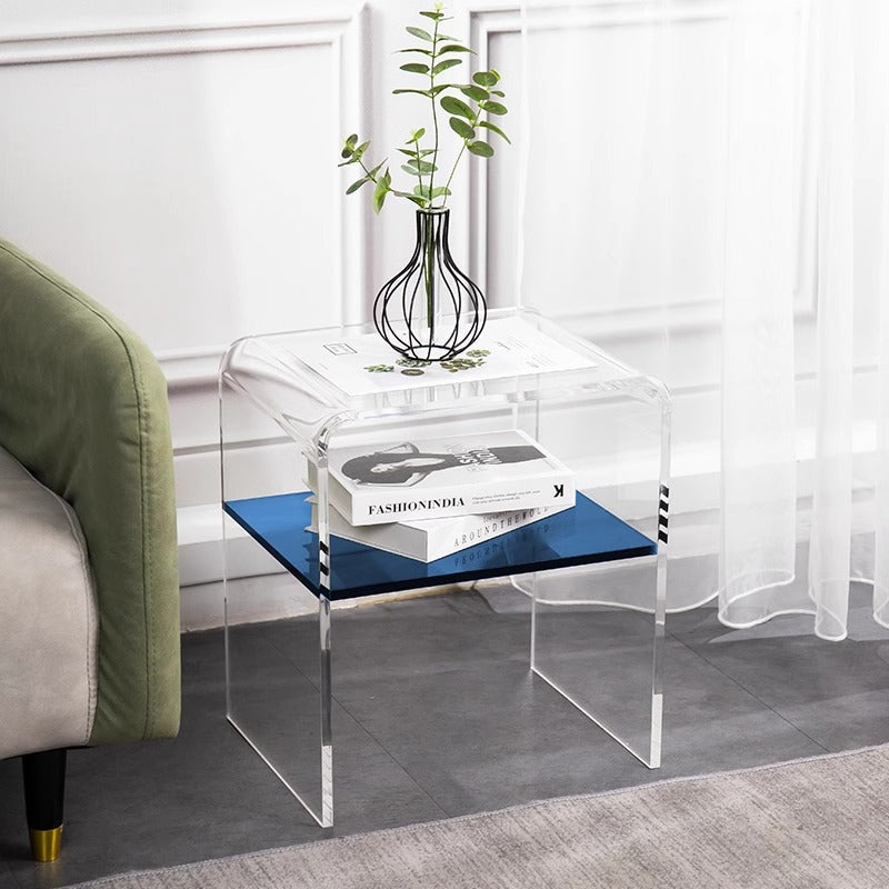 Contemporary Scandinavian Square Curved Acrylic Nightstand 2-Tiers For Bedroom