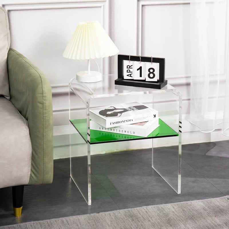 Contemporary Scandinavian Square Curved Acrylic Nightstand 2-Tiers For Bedroom