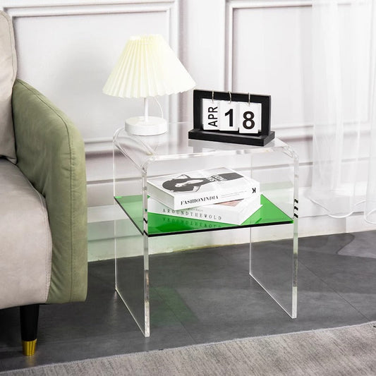 Contemporary Scandinavian Square Curved Acrylic Nightstand 2-Tiers For Bedroom