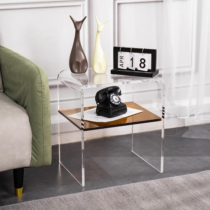 Contemporary Scandinavian Square Curved Acrylic Nightstand 2-Tiers For Bedroom