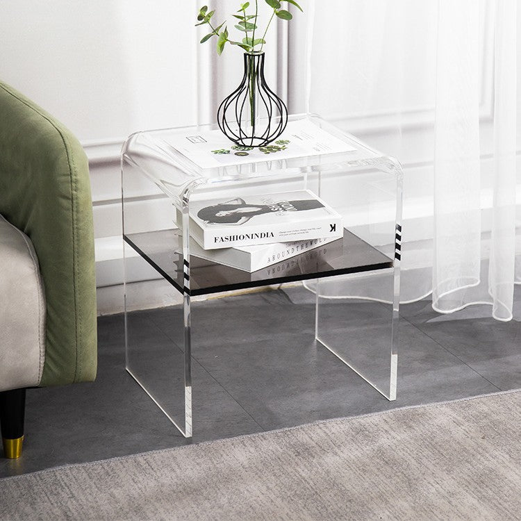 Contemporary Scandinavian Square Curved Acrylic Nightstand 2-Tiers For Bedroom