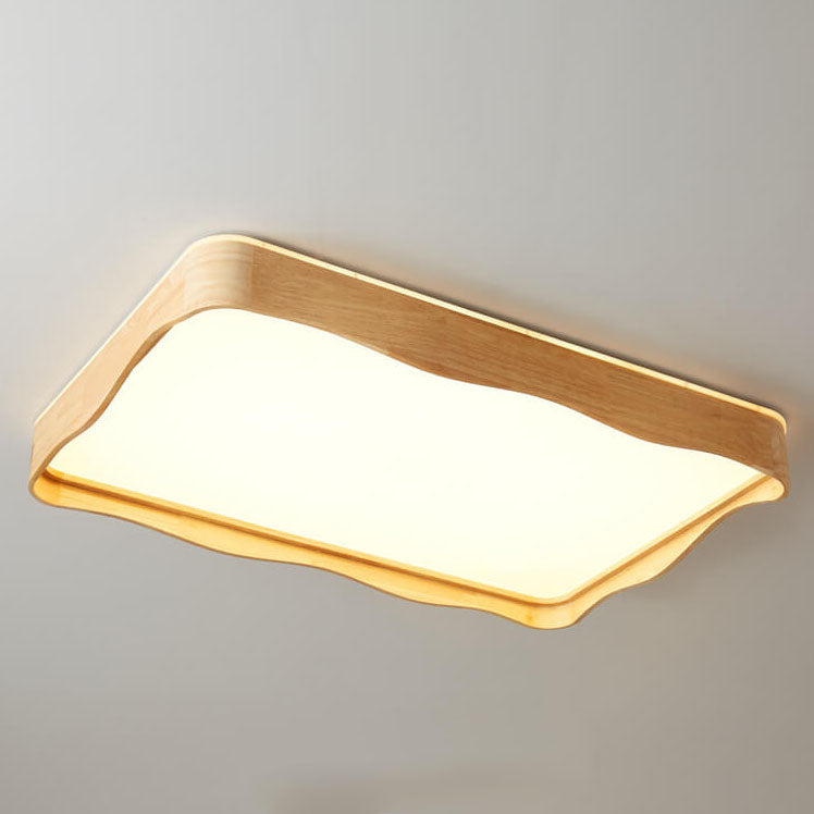 Modern Minimal Wave Rectangular Rubberwood Acrylic LED Flush Mount Lighting