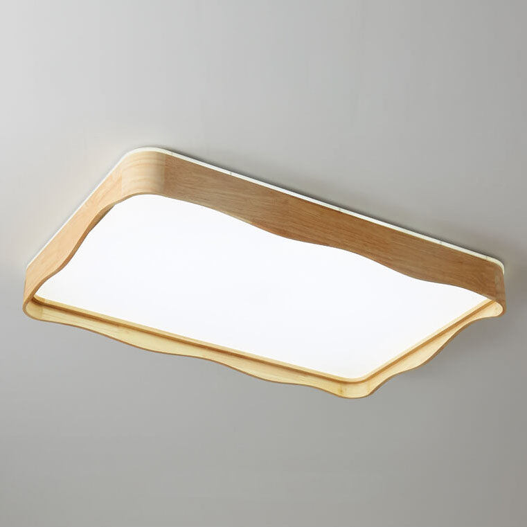 Modern Minimal Wave Rectangular Rubberwood Acrylic LED Flush Mount Lighting