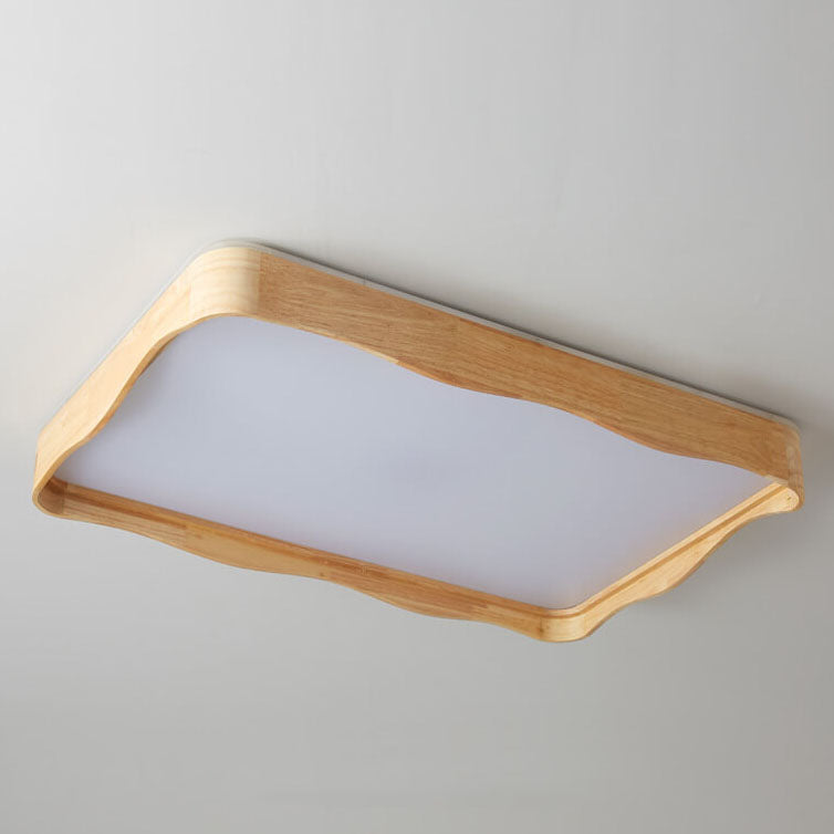 Modern Minimal Wave Rectangular Rubberwood Acrylic LED Flush Mount Lighting
