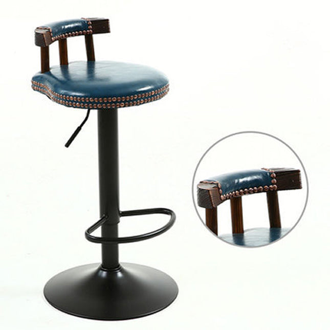 Contemporary Luxury Round Oil-Waxed Leather Iron Bar Stool Backrest Footrest For Dining Room