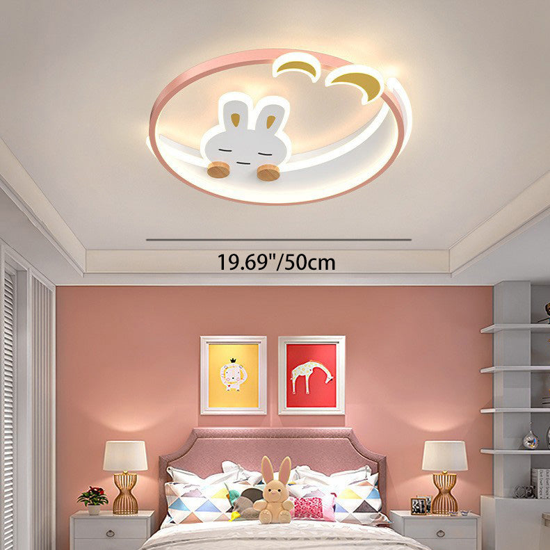 Contemporary Creative Cute Rabbit Iron Round LED Flush Mount Ceiling Light For Bedroom