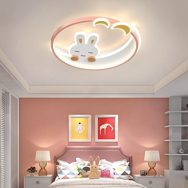 Contemporary Creative Cute Rabbit Iron Round LED Flush Mount Ceiling Light For Bedroom