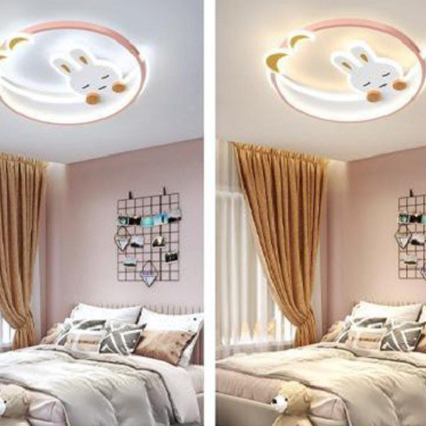 Contemporary Creative Cute Rabbit Iron Round LED Flush Mount Ceiling Light For Bedroom