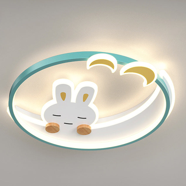 Contemporary Creative Cute Rabbit Iron Round LED Flush Mount Ceiling Light For Bedroom
