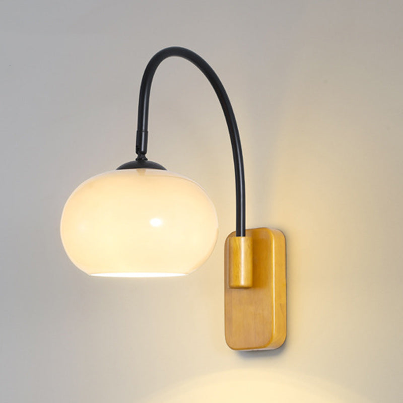 Traditional Vintage Wood Round Glass Shade 1-Light Wall Sconce Lamp For Bedroom