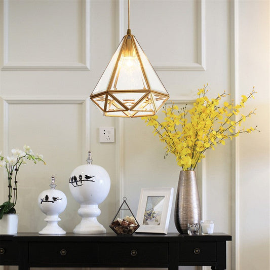 Contemporary Scandinavian Diamond Glass Copper 1-Light Pendant Light For Bedroom