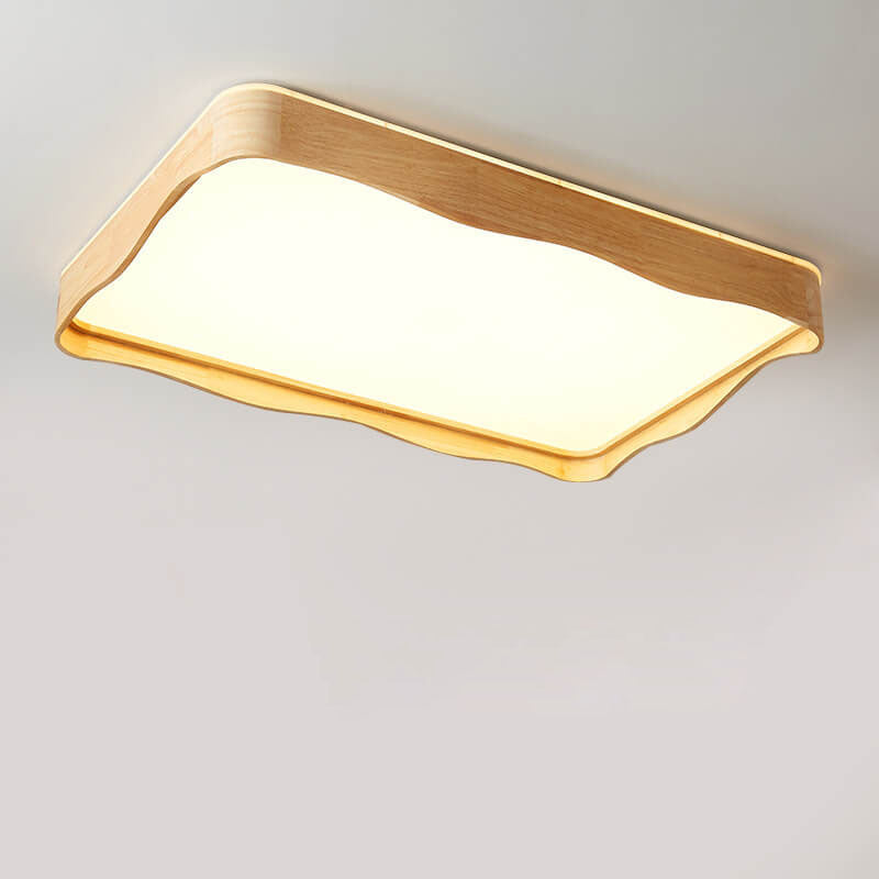 Modern Minimal Wave Rectangular Rubberwood Acrylic LED Flush Mount Lighting