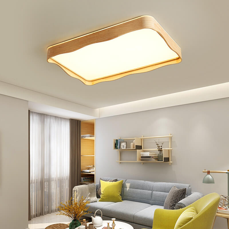 Modern Minimal Wave Rectangular Rubberwood Acrylic LED Flush Mount Lighting