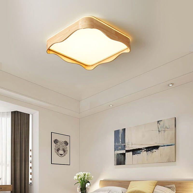 Modern Minimal Wave Rectangular Rubberwood Acrylic LED Flush Mount Lighting
