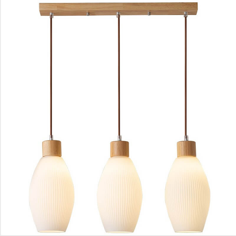 ミニマリストな木製ストライプガラスオーバルジャー3灯アイランドライトシャンデリア