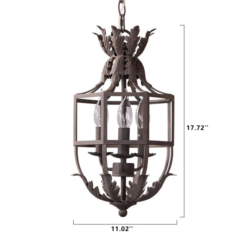 Vintage Wrought Iron Lantern Cage 3-Light Chandelier