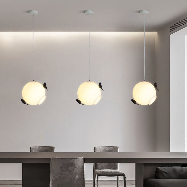 Modern Glass Ball with Standing Birds 1-Light Pendant Light